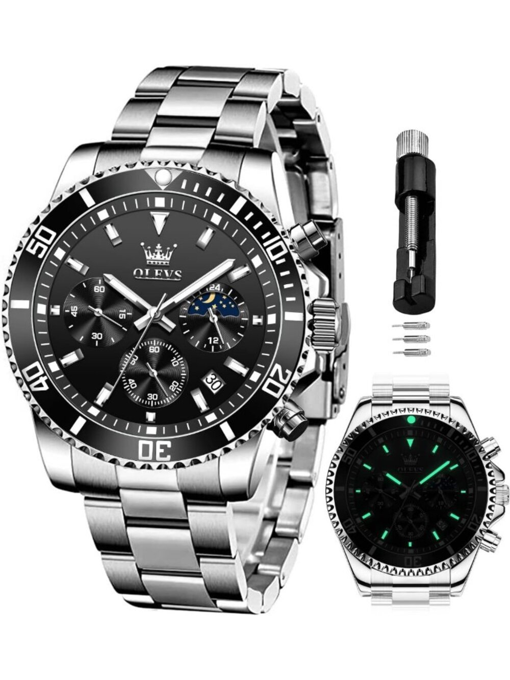Luxury Men's Chronograph Watch - Moon Phase, Stainless Steel Dress Timepiece